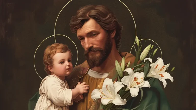 Obraz św. Józefa trzymającego Jezusa w jednym ręku, oraz bukiet lilii w drugim