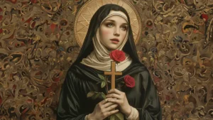 Święta Rita z krucyfiksem i różą w dłoniach