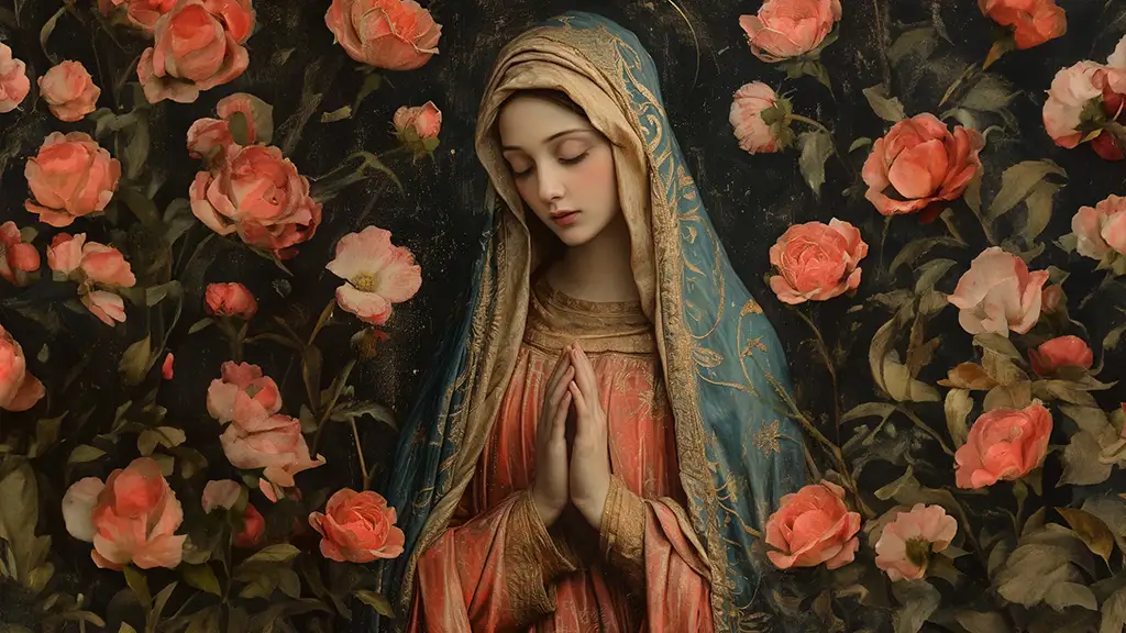 Maryja modląca się na tle ściany z róż